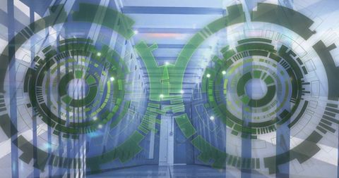 Futuristic Double Data Processing Circles over Virtual Server Room - Download Free Stock Images Pikwizard.com