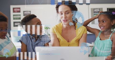 Diverse Students and Female Teacher Engage with Technology in Classroom