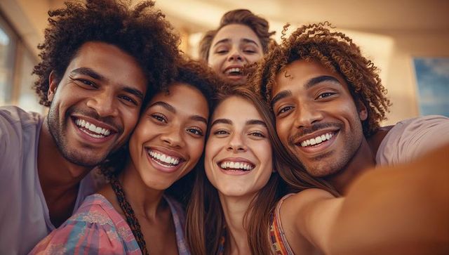 Diverse Friends Taking Selfie in Bright Modern Living Room
