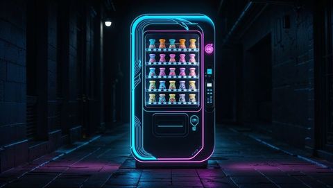 Neon-lit vending machine in moodily lit urban corridor