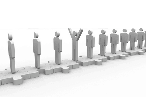 Row of figures on puzzle pieces with single uplifted figure, transparent background