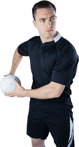 Focused Rugbyman Holding Rugby Ball on Transparent Background