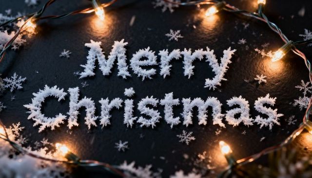 Merry christmas frosted lettering with snowflake confetti and glowing fairy lights