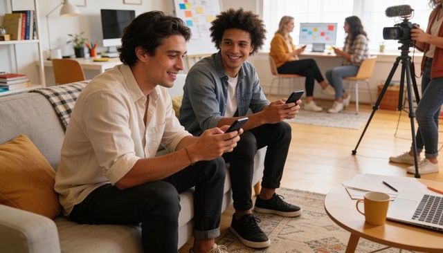 Two young creators testing mobile apps on sofa in open-plan studio with video crew
