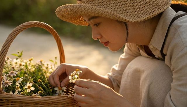 Woman picking daisies into wicker basket at golden hour wearing straw sun hat, linen dress
