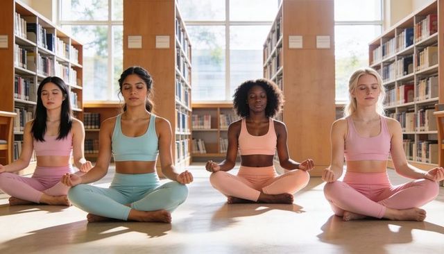 Diverse women meditating in sunlit library aisle wearing pastel activewear for calm and focus