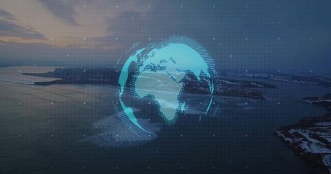 Holographic earth hovering over arctic archipelago at dusk with digital grid overlay