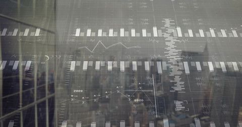 Financial Data Visualization Overlay Showing Office Reflection, Timeline Charts, Dashboard