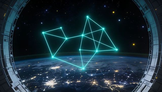 Cyan constellation network hovering above night earth seen from space station porthole
