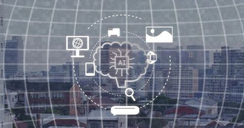 Projecting ai brain-cloud with microchip transmitting data over urban rooftop network grid