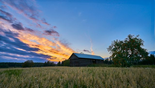 Stunning rural landscape showcasing an old barn nestled in golden fields during sunset. Perfect for use in nature-themed projects, travel blogs, farm and agriculture promotion, or eco-friendly product advertisements. Ideal for highlighting the beauty of rural life and tranquility of the countryside.