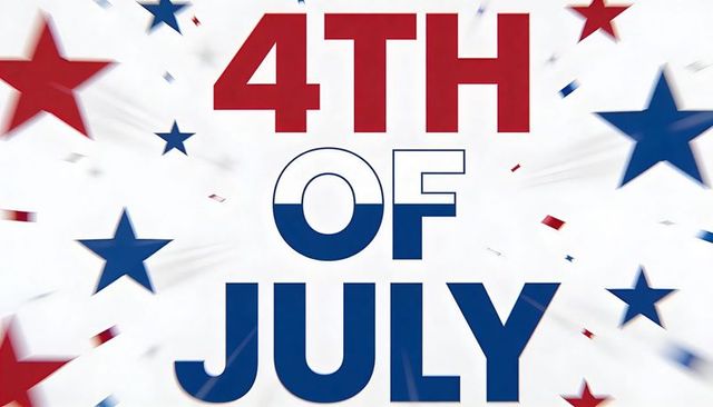 Bold 4th of july typography banner with red and blue stars and confetti