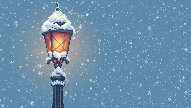 Glowing antique lamppost in snowy pixel art, warm lantern halo, falling snow