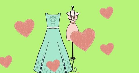 Fashion sketch of elegant turquoise dress and mannequin