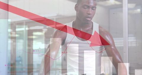 Athlete running on treadmill with fitness data overlay showing falling red trend arrow