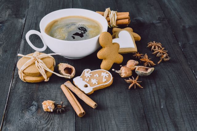 Perfect for holiday marketing materials, cozy winter-themed advertisements, or recipes involving coffee and gingerbread. Could be used in cafes' promotional content or to evoke a warm, inviting atmosphere in seasonal campaigns.
