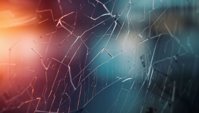 Jagged shattered glass with light reflections in macro view