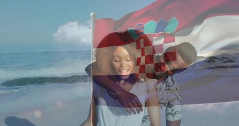 Embracing couple on beach with croatian flag overlay, romantic seaside travel concept