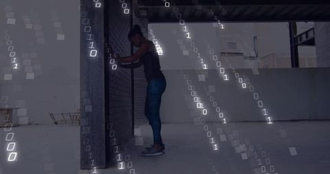 Urban Athlete Stretching on Rooftop Column with Floating Binary Code, Fitness Tech Concept