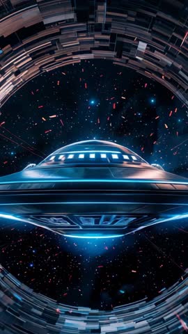 Rotating ring circling futuristic spacecraft in portal with pulsing lights and particles