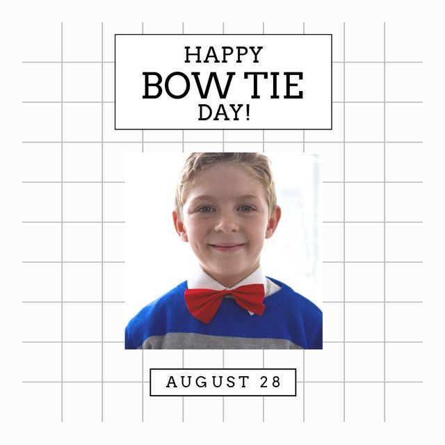 Composite of portrait of caucasian boy wearing red bowtie and happy bow tie day with august 28 text. Copy space, childhood, cute, smiling, menswear, fashion and elegance concept.