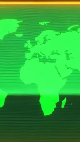 Vertical neon world map scanning with pulsing orange bar and green scanlines