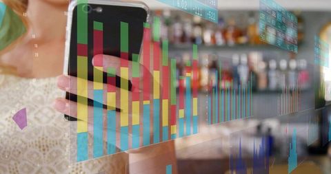 Woman Viewing Data Visualizations on Smartphone in Modern Bar