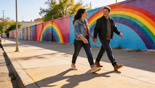 Couple walking hand in hand past rainbow mural on sunlit urban sidewalk during golden hour