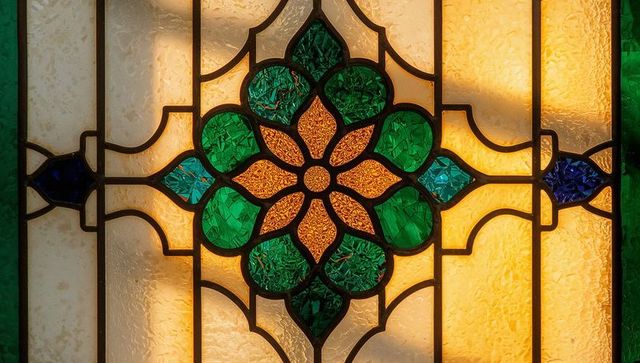 Ornate stained glass window with intricate floral pattern