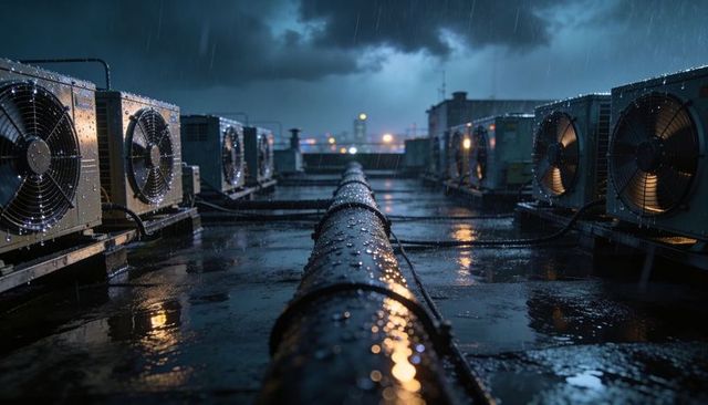 Rain-soaked rooftop pipe leading gaze past industrial hvac condensers on stormy night