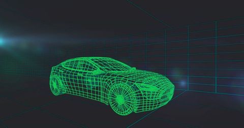 Neon Green Wireframe Sedan Rotating inside Futuristic 3D Grid Studio