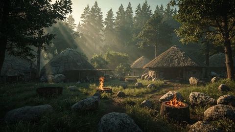 Sunbeams Illuminate Rustic Village of Round Huts in Forest Clearing