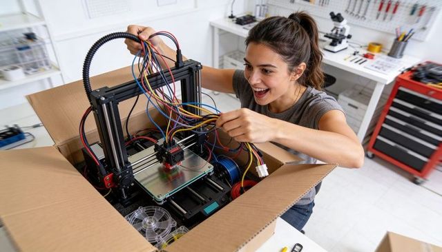 Enthusiastic woman unpacking and assembling 3d printer in makerspace workshop