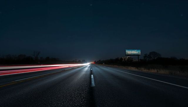 Midnight highway stretching to horizon with motion light trails and billboard glow