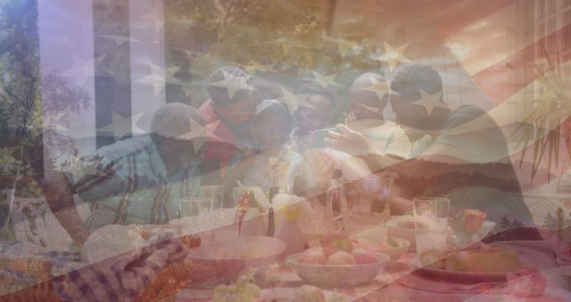 Family Celebrating Outdoor Gathering with American Flag Overlay - Download Free Stock Images Pikwizard.com