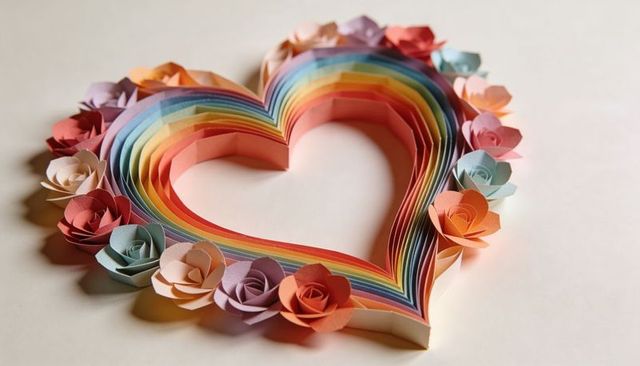 Layered rainbow paper heart with rolled pastel roses handmade paper craft still life