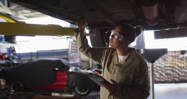 Female mechanic wearing safety goggles performs car inspection in an auto repair shop, checking under the vehicle while holding a tablet. Ideal for articles or advertisements related to car maintenance, women's empowerment in trades, or promoting auto repair services.