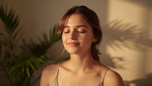 Young woman savoring warm sunlight with potted palm shadows, serene indoor relaxation