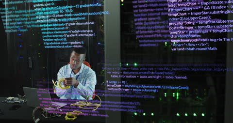 Engineer Configuring Network in Data Center with Reflective Code Visuals