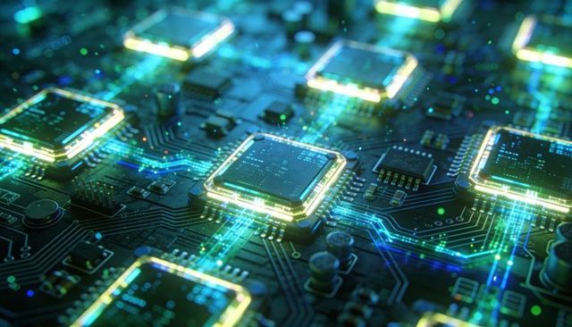 Glowing Microchip Network Sending Neon Data Across Futuristic Circuit Board Close-Up