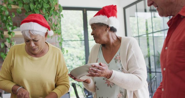 Ideal for use in articles and advertisements related to holiday celebrations, family gatherings, senior living, and festive traditions. Highlights theme of community and joy among elderly individuals during Christmas.