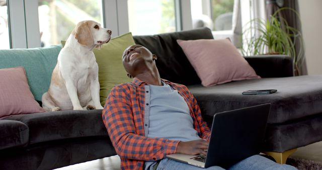 Man is using a laptop while sitting on the floor and leaning against a sofa with a beagle dog beside him. Ideal for advertising working from home, technology, pet companionship, or leisure time. Great for blog posts, articles, or social media content about work-life balance and home living.