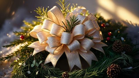 Festive evergreen wreath with ribbon bows and pine cones amidst snow