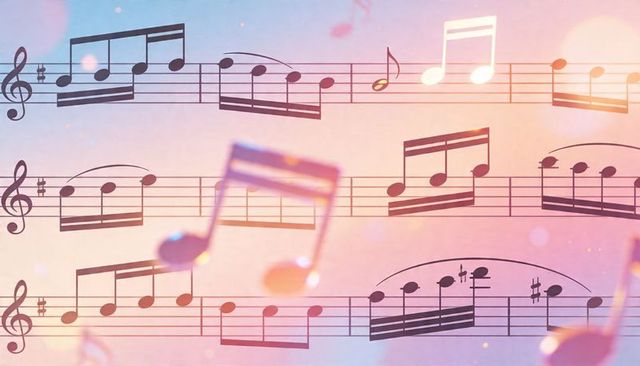 Floating translucent music notes over pastel gradient sheet music background with bokeh