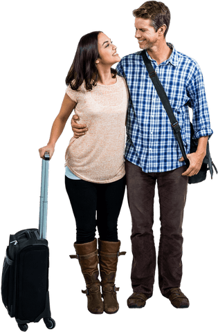 Transparent Happy Couple Traveling with Luggage on White Background