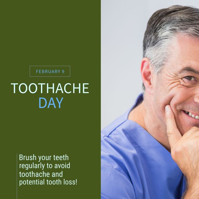 Optimized for health awareness campaigns, dentist offices, and educational materials, this image showcases a smiling male dentist promoting good oral hygiene on Toothache Day. Suitable for social media posts, dental clinic websites, and healthcare newsletters to encourage proper brushing habits to prevent toothache and potential tooth loss.