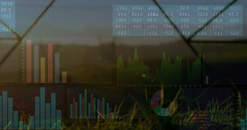 Futuristic Data Visualization on Nature Landscape at Sunset