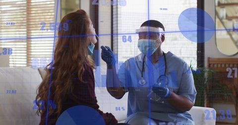 Nurse collecting nasal swab during home visit with digital health data overlay