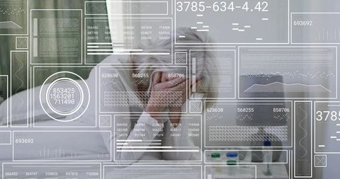 Elderly woman resting on hospital bed with medical hud overlay for healthcare technology