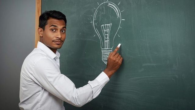 Confident teacher demonstrating creativity with chalk lightbulb drawing